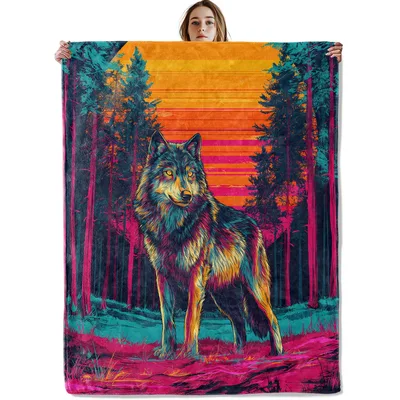 Neon Wolf Sunset Forest Blanket: Retro Art for Nature Lovers