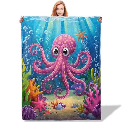 Cute Octopus Underwater Scene Blanket for Cozy Living Room Decor