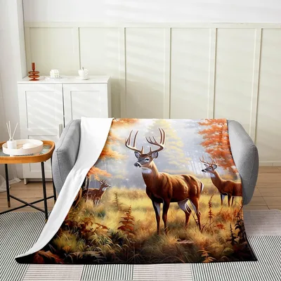 Deer in Autumn Forest Blanket: Warm Wildlife Art for Cozy Spaces