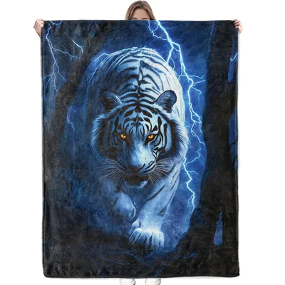 White Tiger with Lightning Blanket: Fierce Art for Storm Lovers