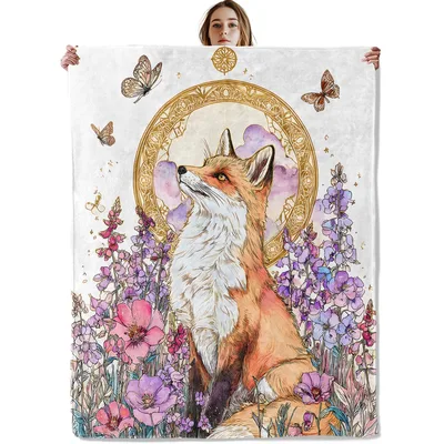 Mystical Fox and Flowers Blanket: Spiritual Fox with Butterflies Throw