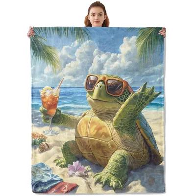 Cool Sea Turtle on Beach Blanket: Relaxing Reptile with a Drink