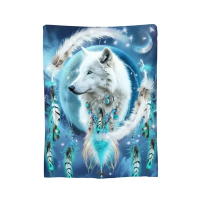 Wolf Dreamcatcher Moon Art Blanket: Spiritual Wolf Design