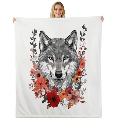 Wolf with Red Flowers Blanket: A Bold Floral Wolf Portrait
