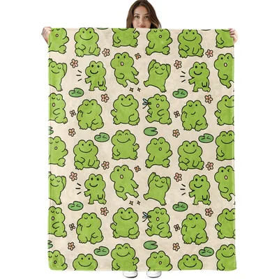 Cute Frogs Pattern Blanket: Playful Green Amphibians with Flowers