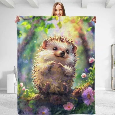 Hedgehog Among Wildflowers Blanket features a cute hedgehog