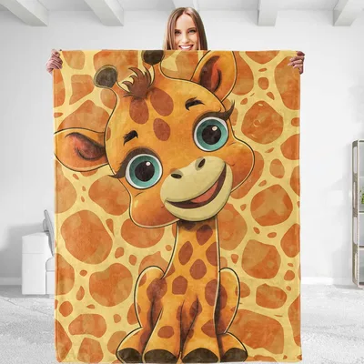 Cute Baby Giraffe Cartoon Blanket: Big Smiling Face Design
