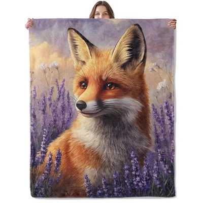Fox in Lavender Field Blanket: A Red Fox Portrait in Purple Flowers