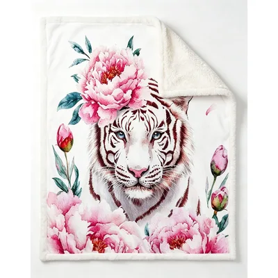 Tiger with Pink Peonies Blanket: A White Tiger Floral Art Print