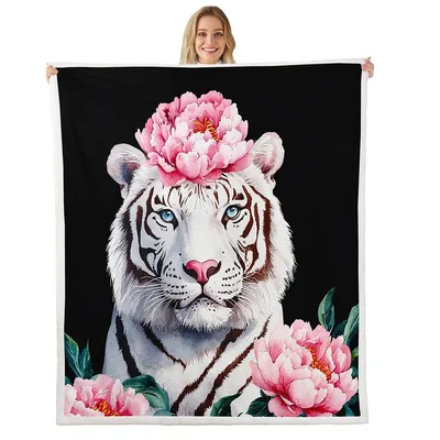 White Tiger with Pink Blanket: A Watercolor Peony Tiger Design