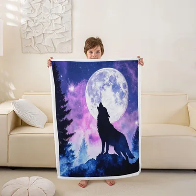 Wolf Howling at Moon Blanket: Cosmic Wolf Silhouette Design