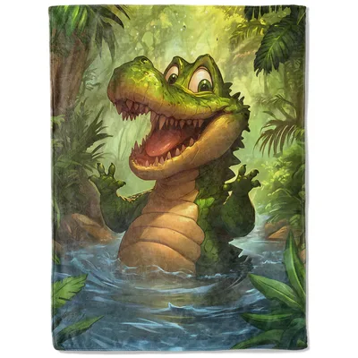 Cartoon Crocodile in Water Blanket: Playful Reptile Jungle Art