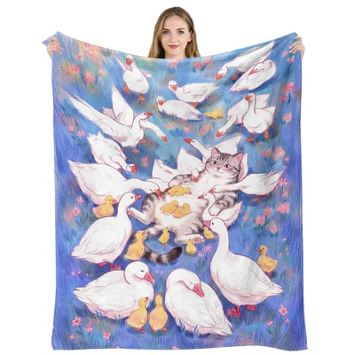 Cat and Geese Farm Blanket: Whimsical Cat and Goose Meadow Design