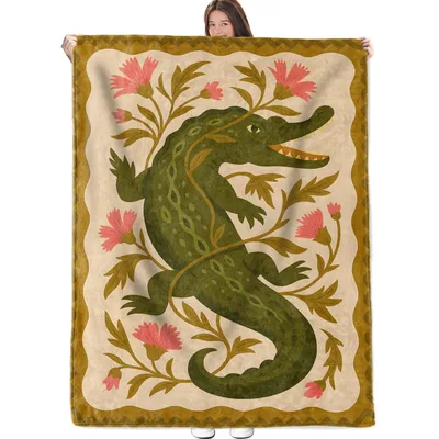 Crocodile Floral Border Art Blanket: Reptile and Flower Design