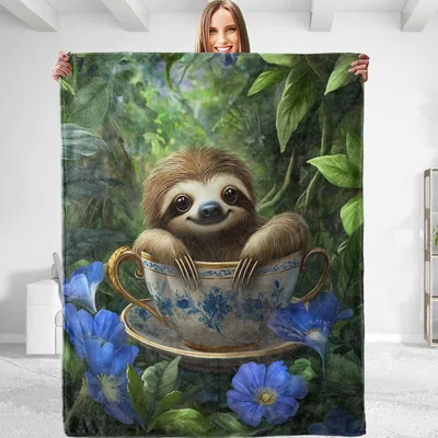 Sloth in Teacup Blanket: Cute Sloth Napping in Floral Cup