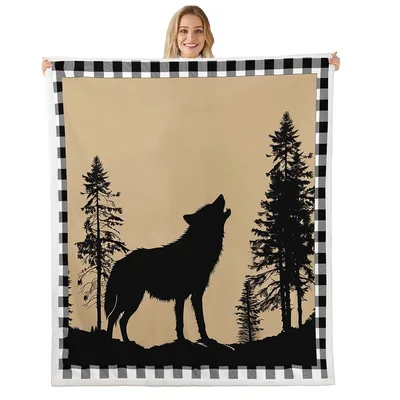 Wolf Silhouette Pine Forest Blanket: Rustic Wolf Howling Design