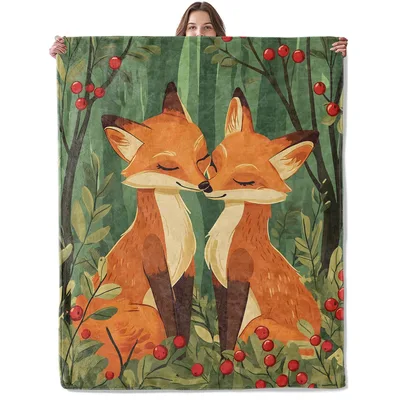 Romantic Fox Couple Blanket featuring two nuzzling orange foxes