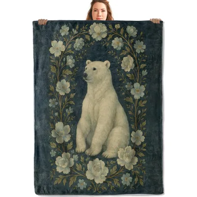 Polar Bear in Floral Blanket: Vintage Art with Arctic Bear
