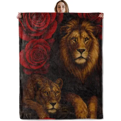 Lion Couple with Red Blanket: A Romantic Wild Animal Design