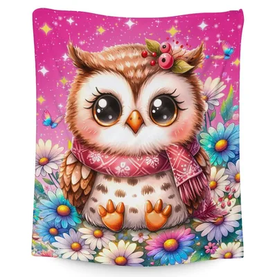 Owl with Pink Scarf Blanket: Cute Owl Design with Flowers