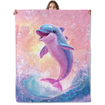 Cute Dolphin Jumping Sunset Blanket: Pink Cartoon Whale Art