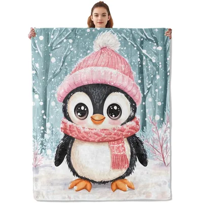 Pink Penguin Blanket: Cozy Winter Bird with Pink Beanie