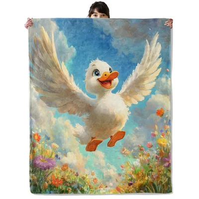 Flying White Duck Blanket: A Joyful Flying Duck in the Sky