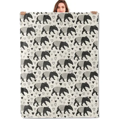Elephants with Hearts Pattern Blanket: Black and White Tapir Design