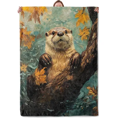 Otter in Autumn Forest Blanket: Cozy Wildlife Art for Nature Lovers