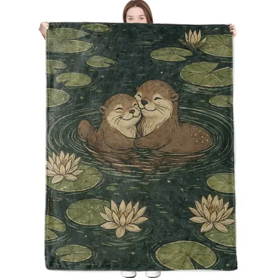 Otters Hugging in Lotus Blanket: Cute Otter Couple in Pond Design