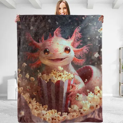 Axolotl Eating Popcorn Blanket: Cute Amphibian Movie Night Design
