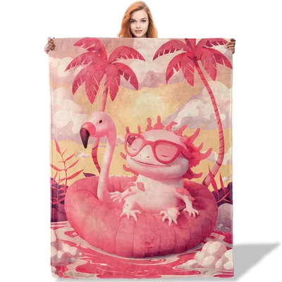 Flamingo Axolotl Sunset Palms Blanket: Cool Amphibian in a Floatie