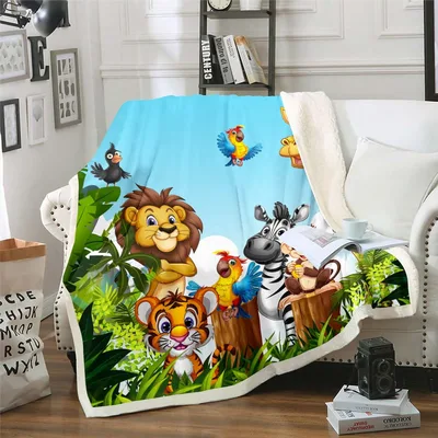 Cartoon Jungle Animals Friends Blanket featuring a lion
