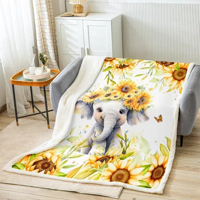 Elephant with Sunflowers Blanket: Cute Elephant Wearing a Floral Crown