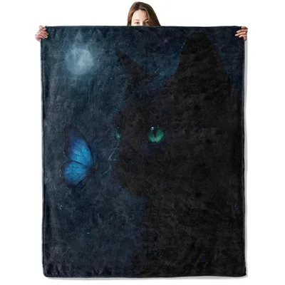 Blue Butterfly in Dark Blanket Black Cat and Blue Moth Design
