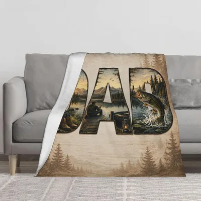 Dad Fishing Lake Scene Blanket with Vintage Landscape Print