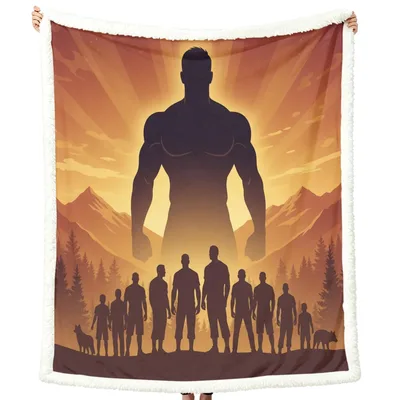 Strong Dad Hero Silhouette Blanket: Giant Father Figure Over Family