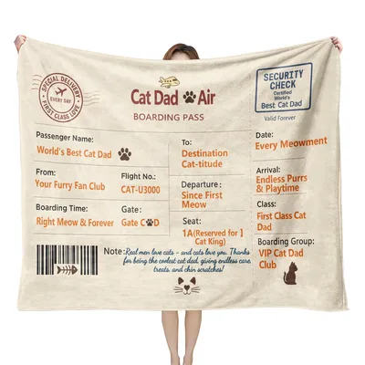 Cat Dad Air Boarding Blanket features a boarding pass design