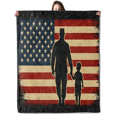Father and Child Silhouette Blanket: Military Dad with Flag