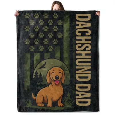 Dachshund Dad Blanket: Smiling Dog and Paw Print Flag Design