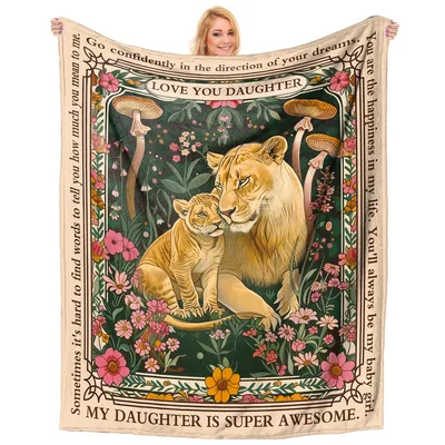 Daughter Lion Blanket: A Lioness and Cub Among Flowers