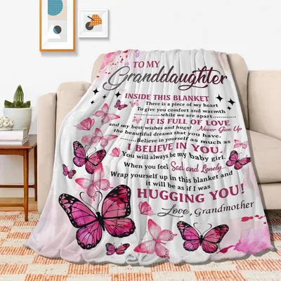 Granddaughter Hugging Blanket With Pink Butterflies and a Note