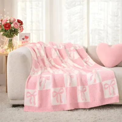 Pink Bow Checkered Pattern Blanket: Soft Fuzzy Design for Cozy Spaces