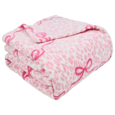 Pink Bow Pattern Blanket: Soft Fleece with Leopard Spots and Ribbons