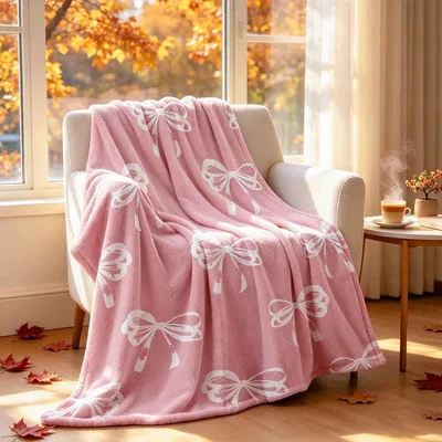 Elegant Bow Pattern Blanket: Pink Ribbon Design for Soft Comfort