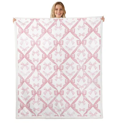 Pink Bowknot Patchwork Pattern Blanket: Dreamy Ribbon Grid Design