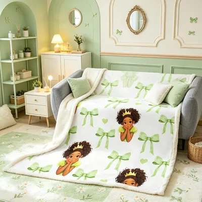 Princess and the Frog Blanket: Girl With Crown and Green Bows