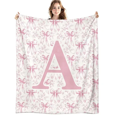 Pink Bow Monogram Letter Blanket with Floral Pattern and Initial A