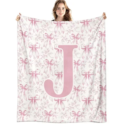 Pink Bow Monogram Letter J Blanket with Floral Pattern