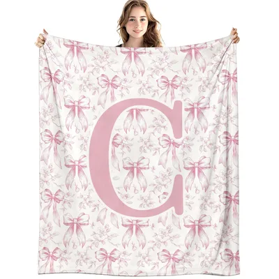 Pink Bow Monogram Letter C Blanket with Floral Pattern
